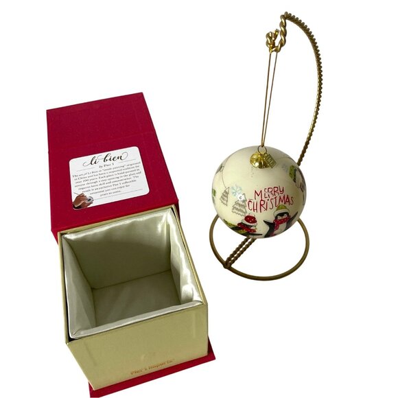 Pier 1 Li Bien 2019 Hand-Painted Glass Ornament with Penguins Snowball Play - Picture 4 of 8